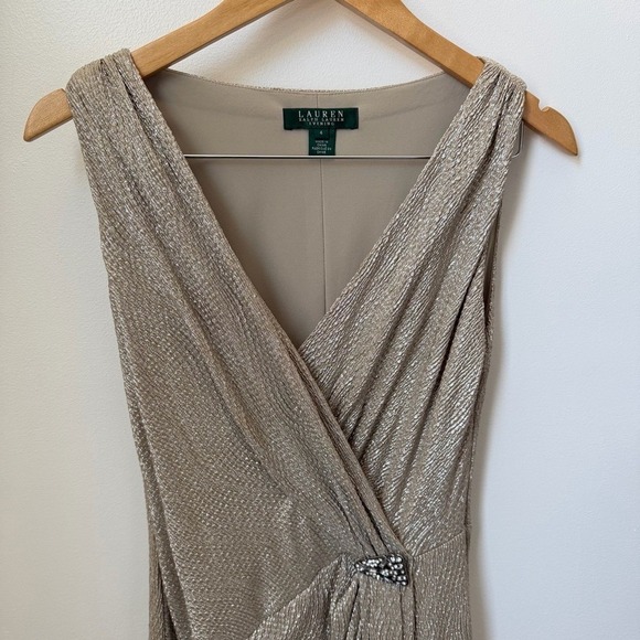 Lauren Ralph Lauren Dresses & Skirts - Lauren Ralph Lauren Evening Metallic Gold Ruched Gown Brooch Dress 4